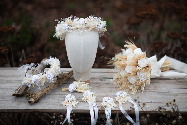 Ear of wheat hair wreath Flower headpiece Bridal hair crown with white roses Bride to be Beige and white flower wreath Wedding halo Magaela