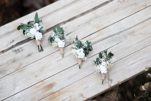 Groom's boutonniere Green and white buttonhole White rose corsage for groom Best man accessories Magaela Customisable boutonniere Greenery