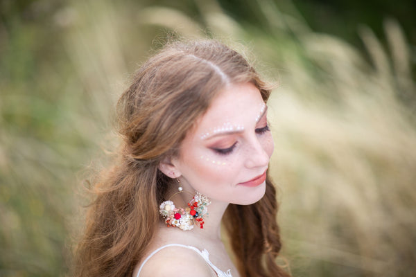 Ivory and red flower earrings Original bridal flower earrings Glam Bridal Circle dangle earrings Handmade dried flower jewelry Magaela