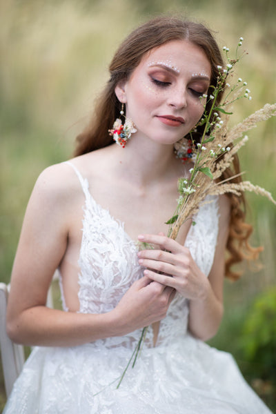 Ivory and red flower earrings Original bridal flower earrings Glam Bridal Circle dangle earrings Handmade dried flower jewelry Magaela