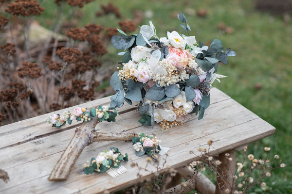 Natural eucalyptus half wreath with peonies Bridal accessories Magaela Wedding accessories Pastel wedding crown Romantic half wreath Custom