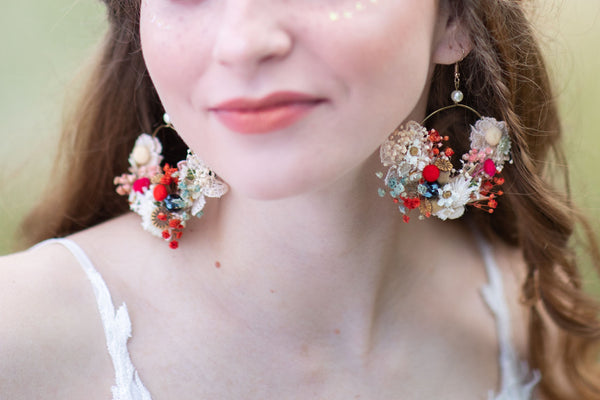 Ivory and red flower earrings Original bridal flower earrings Glam Bridal Circle dangle earrings Handmade dried flower jewelry Magaela