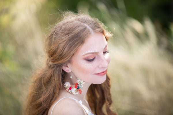 Ivory and red flower earrings Original bridal flower earrings Glam Bridal Circle dangle earrings Handmade dried flower jewelry Magaela