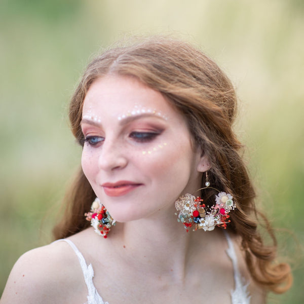 Ivory and red flower earrings Original bridal flower earrings Glam Bridal Circle dangle earrings Handmade dried flower jewelry Magaela