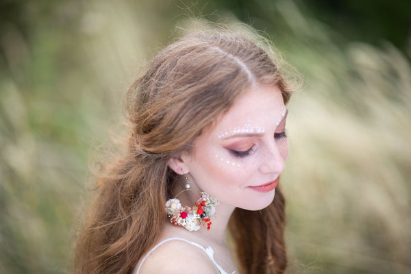 Ivory and red flower earrings Original bridal flower earrings Glam Bridal Circle dangle earrings Handmade dried flower jewelry Magaela