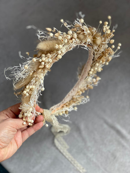 Natural cream flower crown Fluffy children crown Baby wreath Preserved and dried Beige and ivory bridal crown Magaela Wedding hair wreath