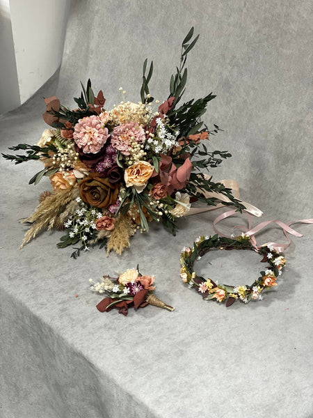 Rustic Boho bridal bouquet, Natural wedding bouquet, Autumn rusty and ivory bouquet, Natural olive leaves bridal bouquet, Magaela, Bridal accessories