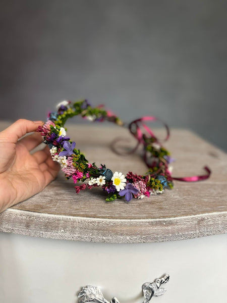 Colourful meadow flower hair crown
