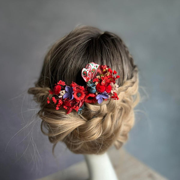 Red poppy flower hair comb