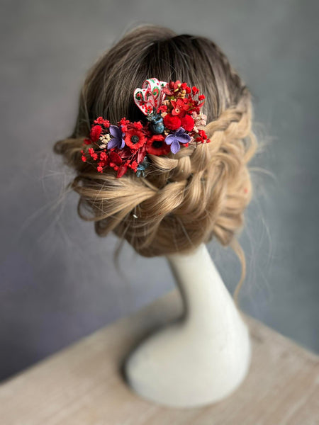 Red poppy flower hair comb