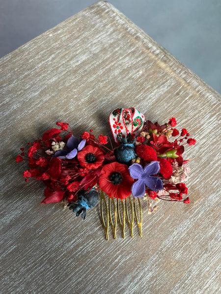 Red poppy flower hair comb