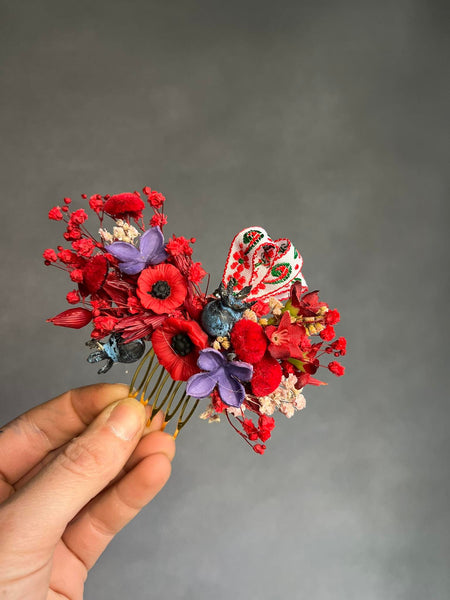 Red poppy flower hair comb