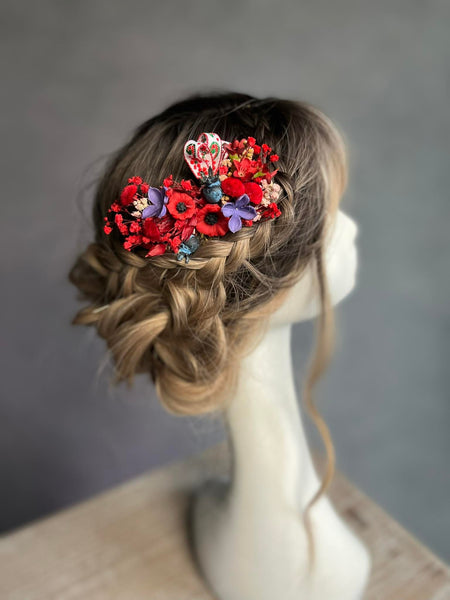 Red poppy flower hair comb