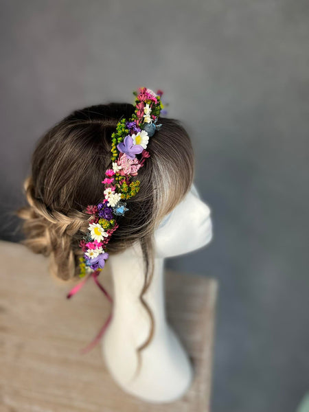 Colourful meadow flower hair crown