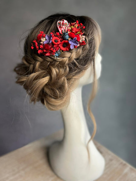 Red poppy flower hair comb