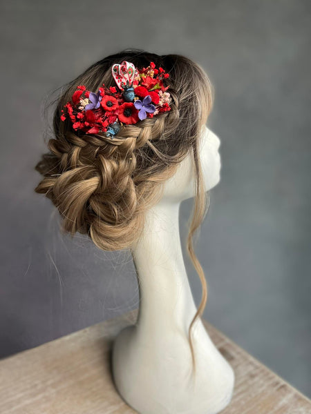 Red poppy flower hair comb