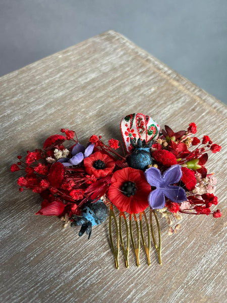 Red poppy flower hair comb