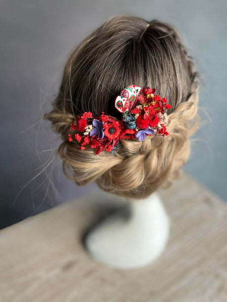 Red poppy flower hair comb