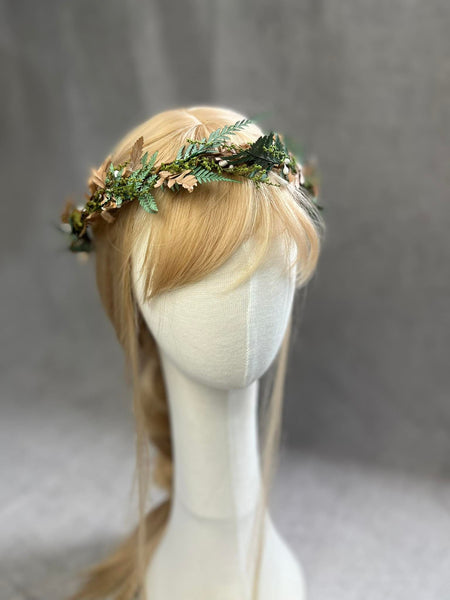 Greenery and bronze bridal hair crown