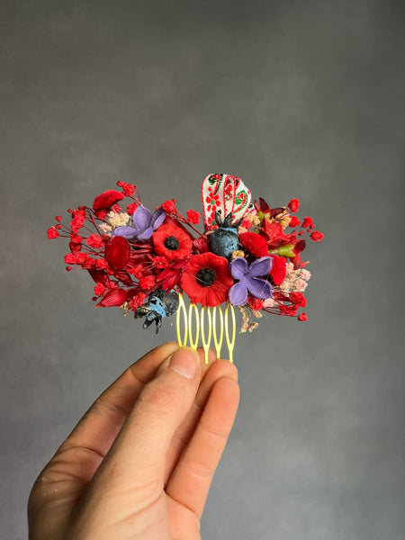 Red poppy flower hair comb