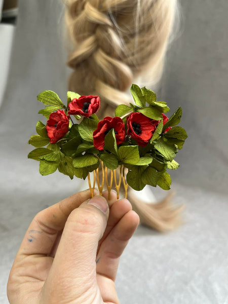 Poppy flower hair comb