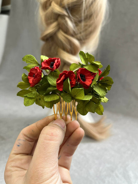 Poppy flower hair comb