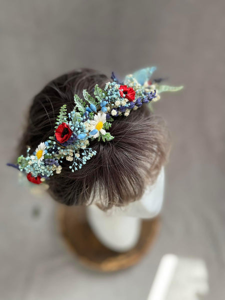 Blue flower headband with poppy flowers