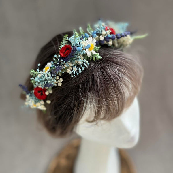 Blue flower headband with poppy flowers