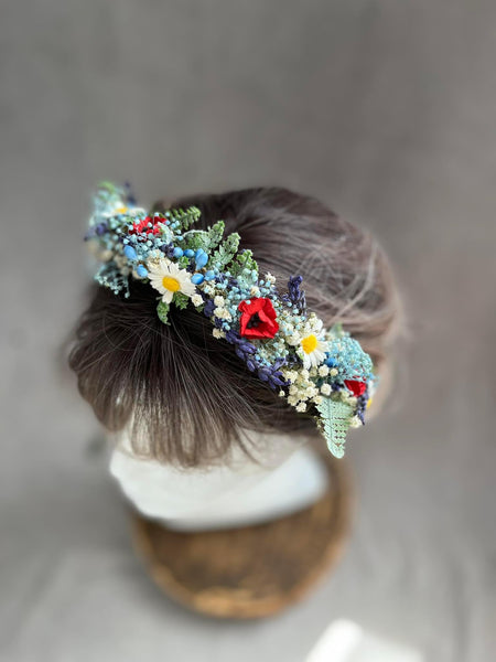 Blue flower headband with poppy flowers