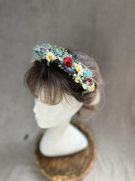 Blue flower headband with poppy flowers
