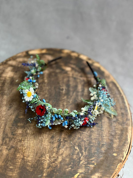 Blue flower headband with poppy flowers