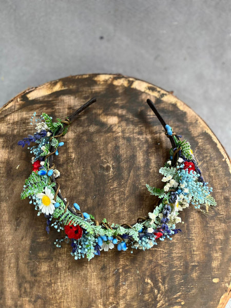 Blue flower headband with poppy flowers