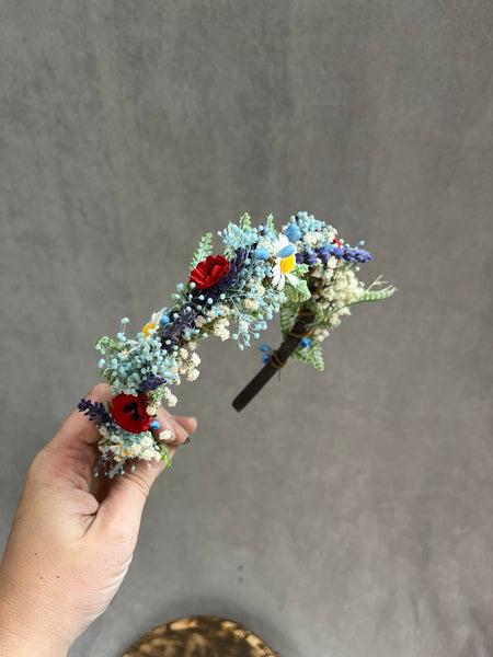 Blue flower headband with poppy flowers