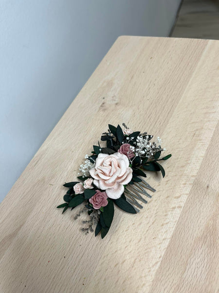 Dusty pink roses wedding hair comb