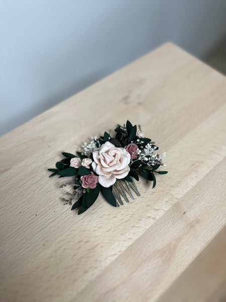 Dusty pink roses wedding hair comb