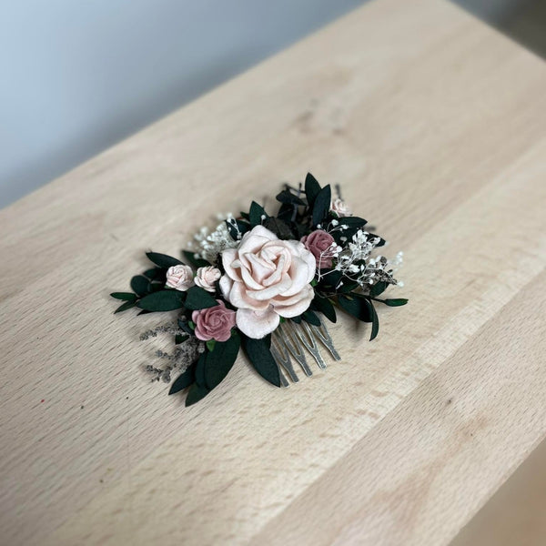 Dusty pink roses wedding hair comb