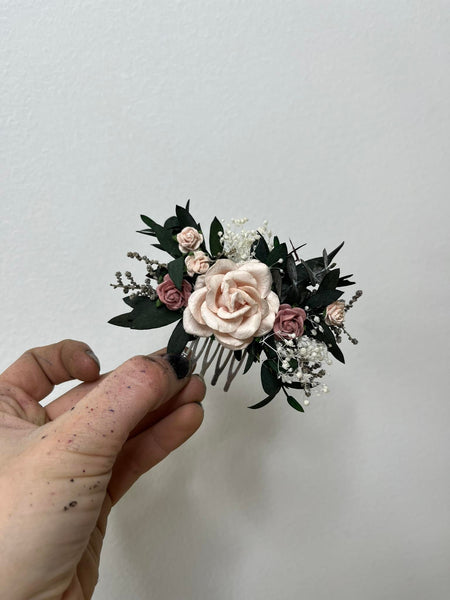 Dusty pink roses wedding hair comb