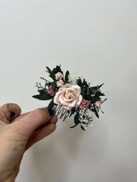 Dusty pink roses wedding hair comb