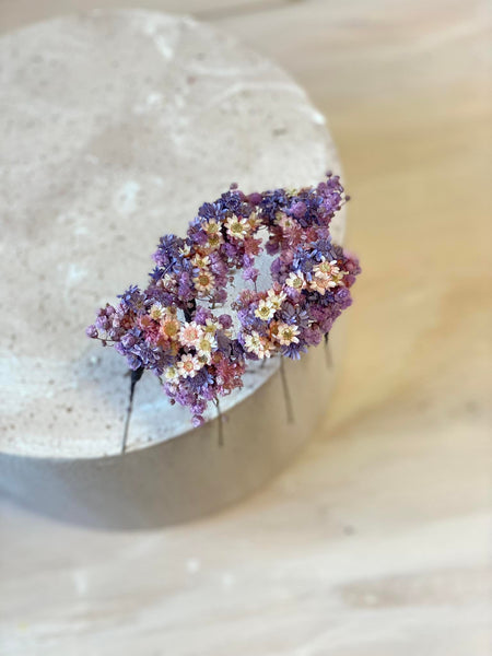 Purple and pink dried flower hairpins