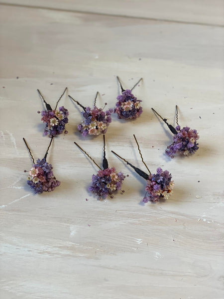 Purple and pink dried flower hairpins