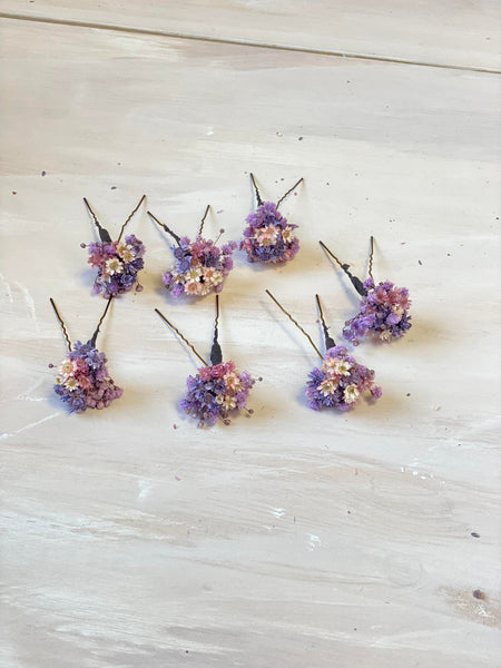 Purple and pink dried flower hairpins