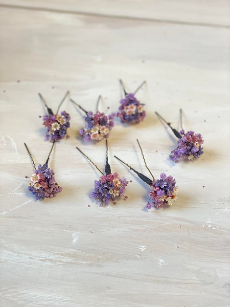 Purple and pink dried flower hairpins