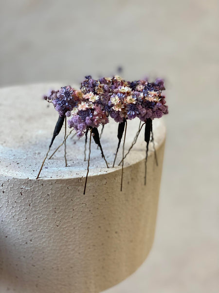 Purple and pink dried flower hairpins