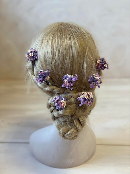 Purple and pink dried flower hairpins