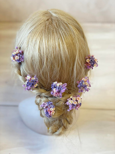 Purple and pink dried flower hairpins