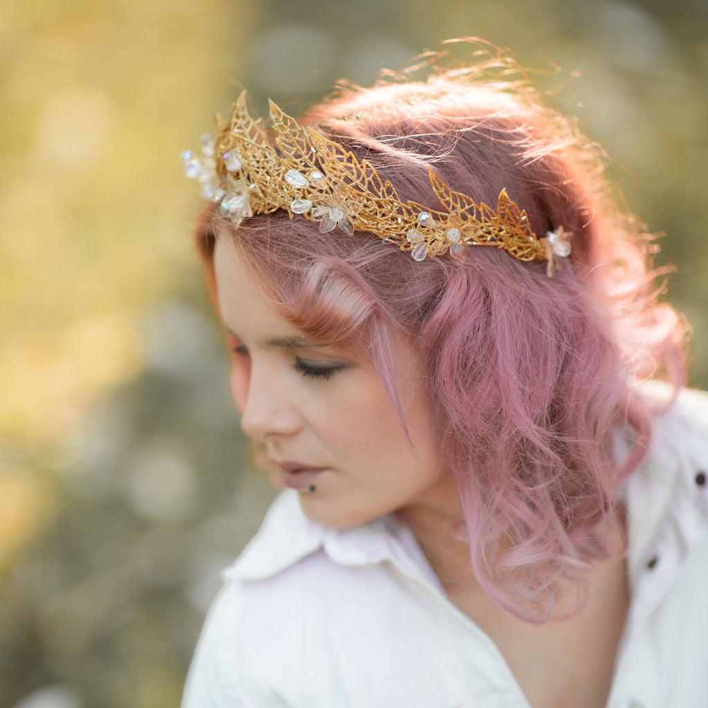 Golden bridal hair crown with crystals Wedding tiara Handmade crown with leaves Wedding accessories Magaela Tiara for bride Customisable