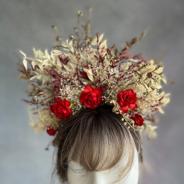 Bridal flower headband with red roses