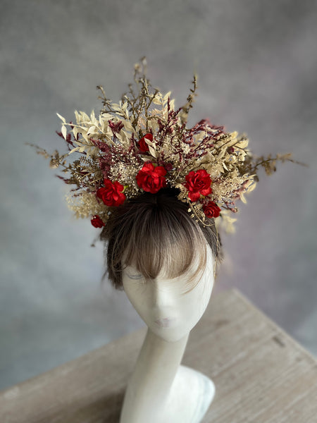 Bridal flower headband with red roses