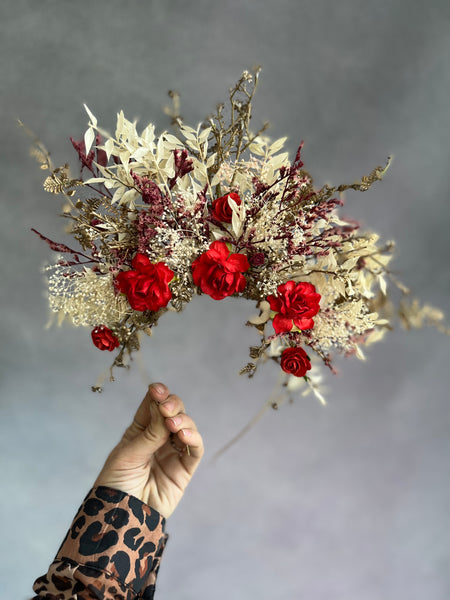 Bridal flower headband with red roses