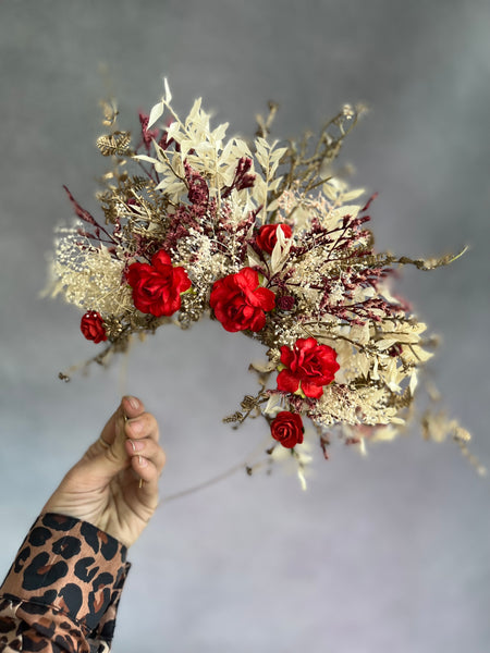 Bridal flower headband with red roses